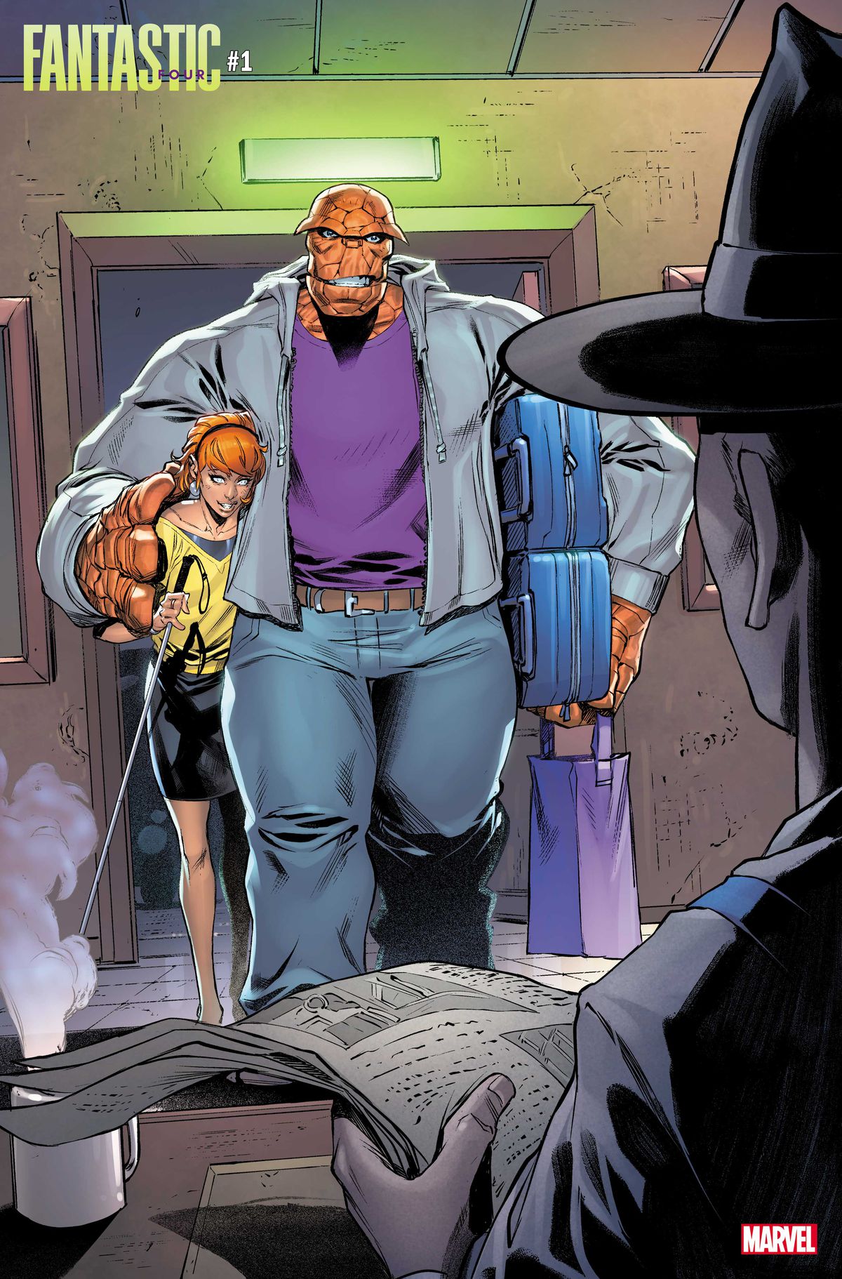Ben Grimm and Alicia masters walk into a motel in Fantastic Four #1 (2022). Ben is carrying a superhuman number of suitcases under one arm. 