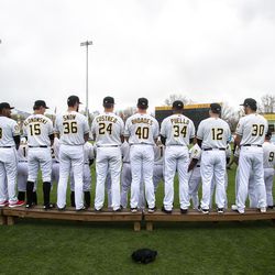 The Salt Lake Bees players and coaches stand for a team photo as they hold their media day at Smith's Ballpark on Tuesday, April 2, 2019.