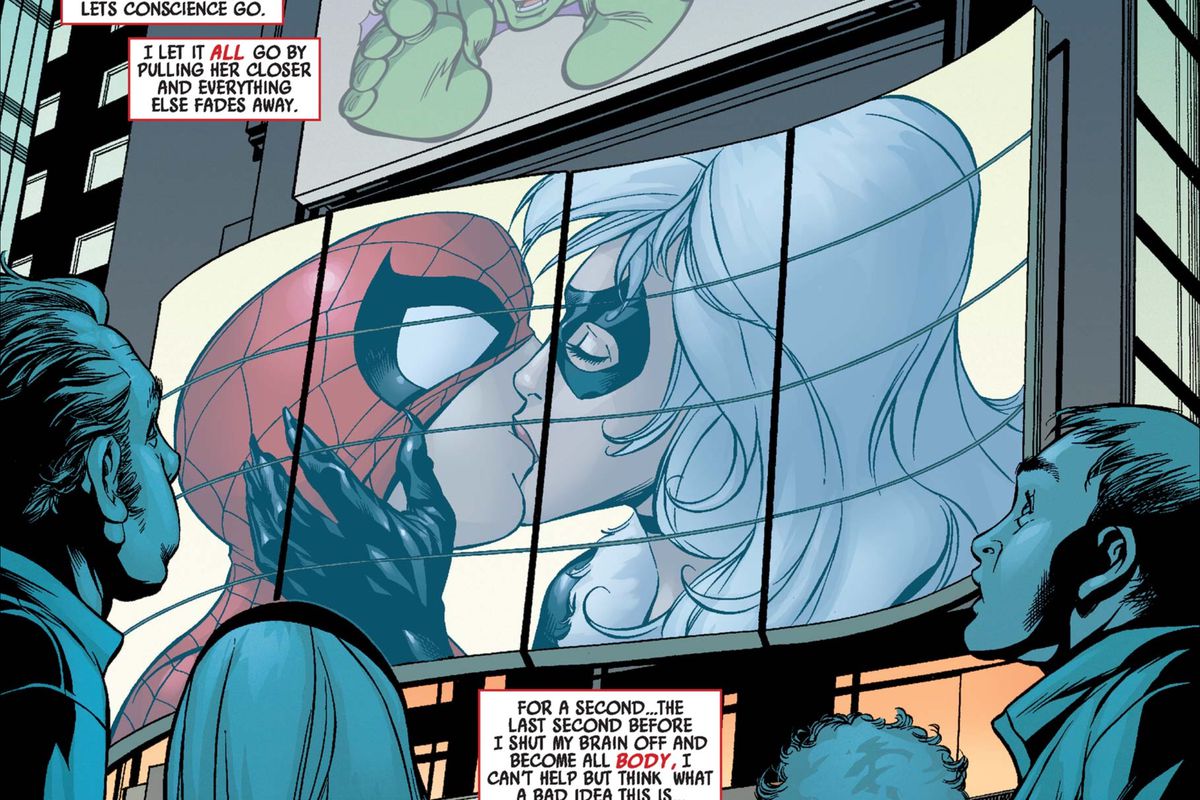 Spider-Man and Black Cat kissing in Amazing Spider-Man #606, Marvel Comics (2009).