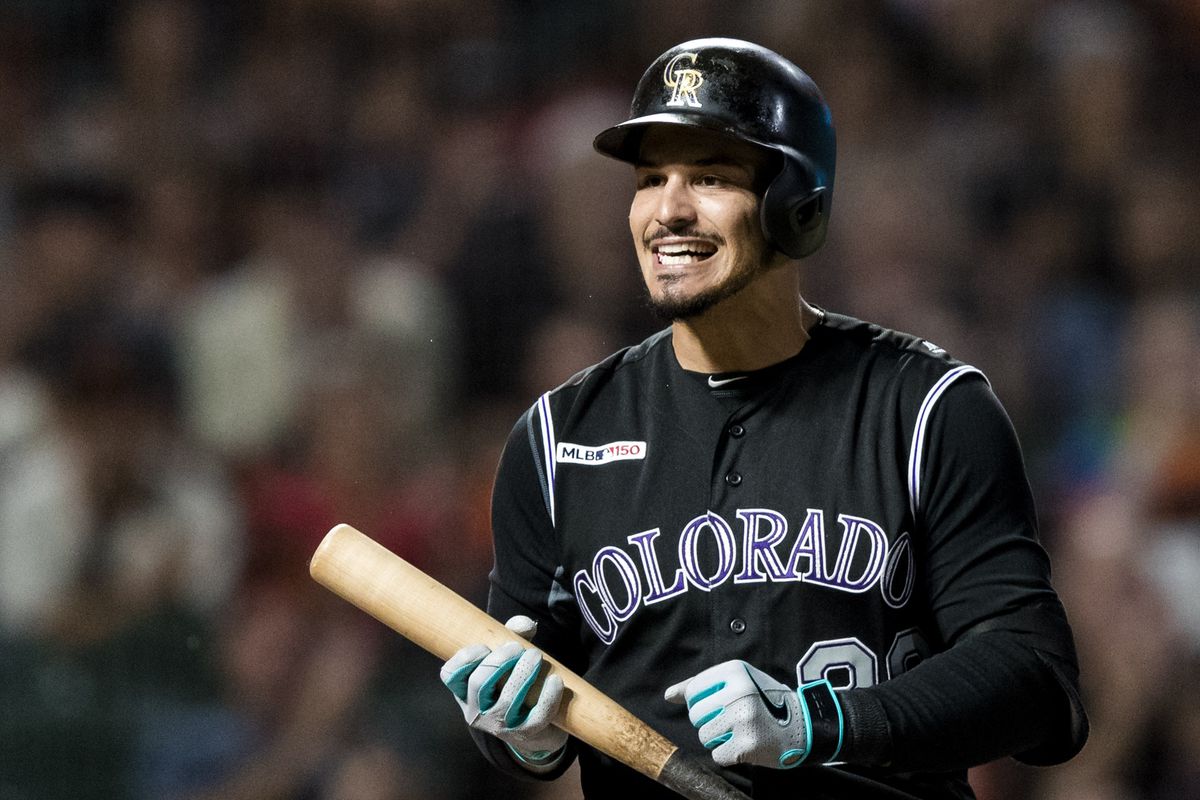 Colorado Rockies third baseman Nolan Arenado reacts after striking out against the San Francisco Giants in the third inning at Oracle Park.