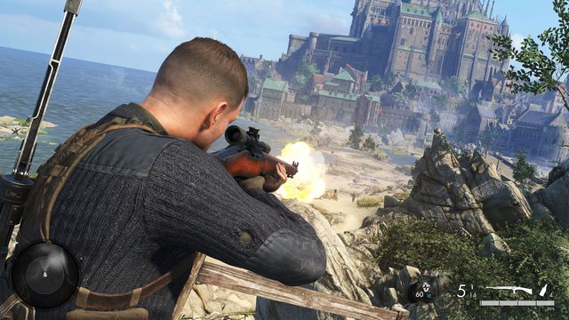 Karl Fairburne guns down enemies from higher ground in Sniper Elite 5, a cathedral is in the distance