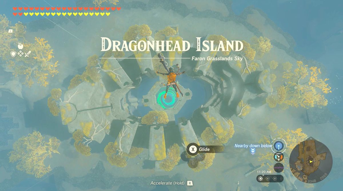 Link jumps off a ledge on Thunderhead Isles to Dragonhead Island in Zelda: tears of the kingdom