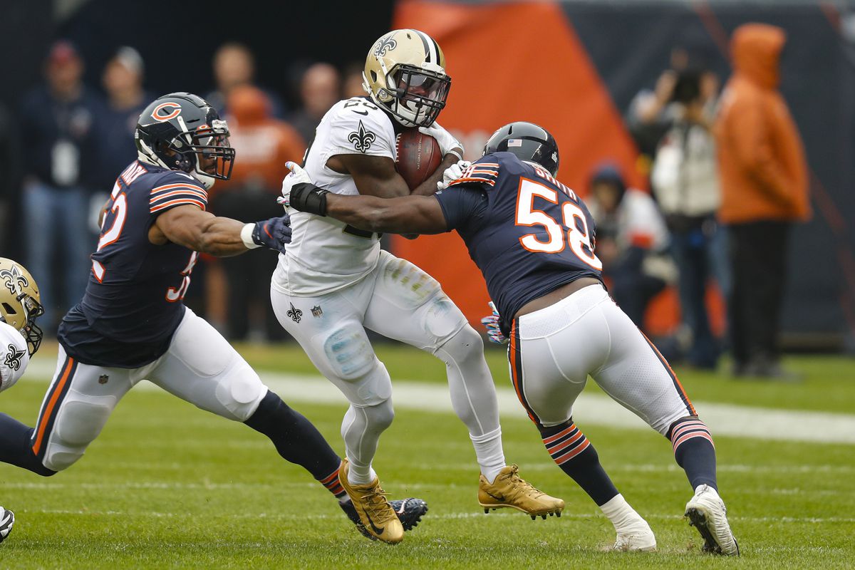 Bears linebacker Roquan Smith (58, tackling Latavius Murray) had six tackles and a pass break-up against the Saints on Sunday.