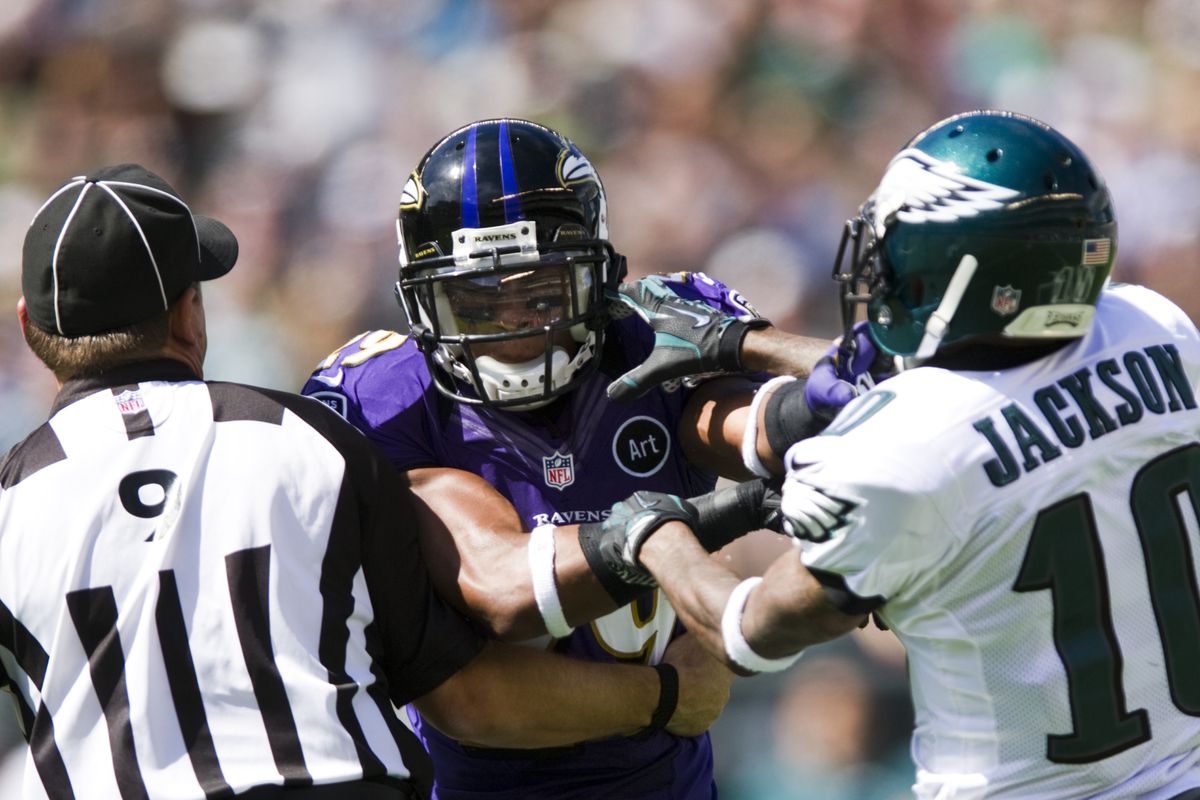 Sep 16, 2012; Philadelphia, PA, USA; Baltimore Ravens cornerback Cary Williams (29) and Philadelphia Eagles wide receiver DeSean Jackson (10) scrap during the second quarter at Lincoln Financial Field. Mandatory Credit: Howard Smith-US PRESSWIRE