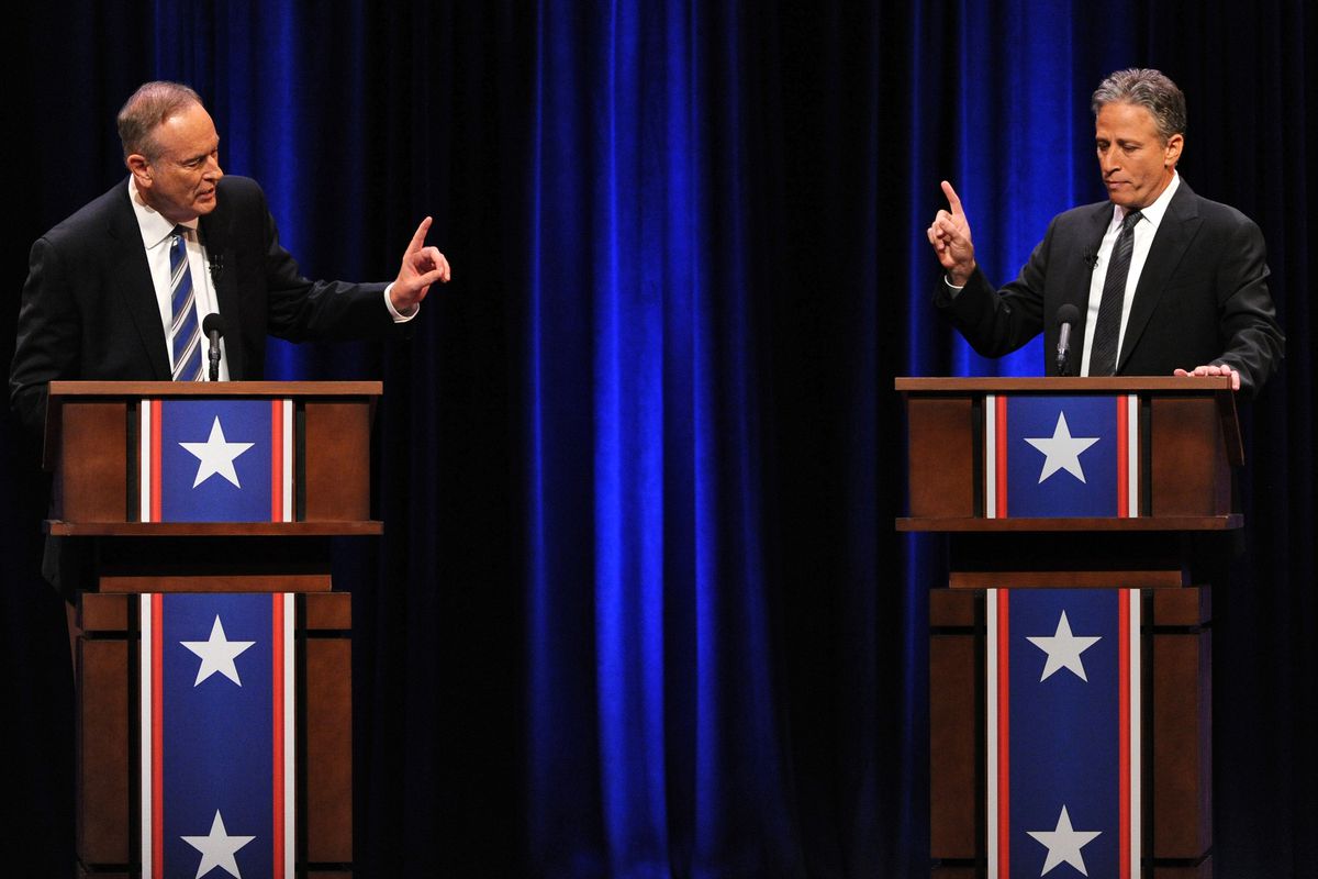 Fox News's Bill O'Reilly and The Daily Show's Jon Stewart debate.