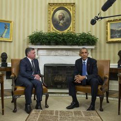 President Barack Obama, right, meets with  King Abdullah II of Jordan in the Oval Office of the White House, on Tuesday, Feb. 3, 2015, in Washington. The meeting comes after Jordanian Air Force pilot First Lt. Moaz al-Kasasbeh was executed by the Islamic State group. (AP Photo/Evan Vucci)