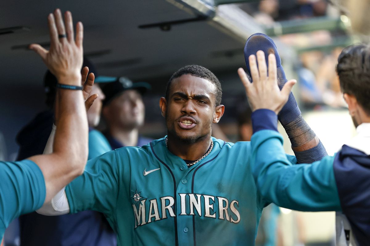 ulio Rodriguez #44 of the Seattle Mariners reacts after scoring a run during the third inning against the Toronto Blue Jays at T-Mobile Park&nbsp;