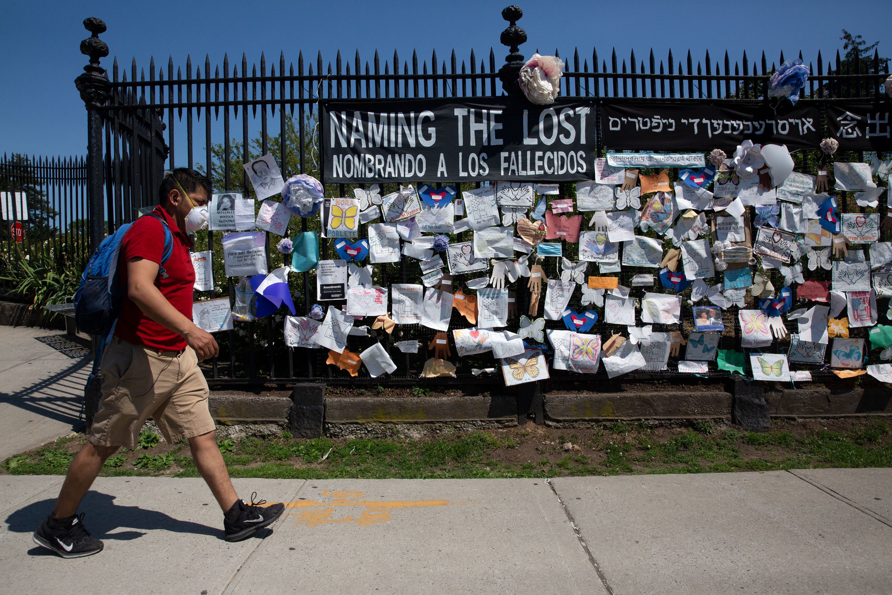 A memorial outside Green-Wood Cemetery in Brooklyn allows community members to add names of loved ones lost to COVID-19, June 9, 2020.
