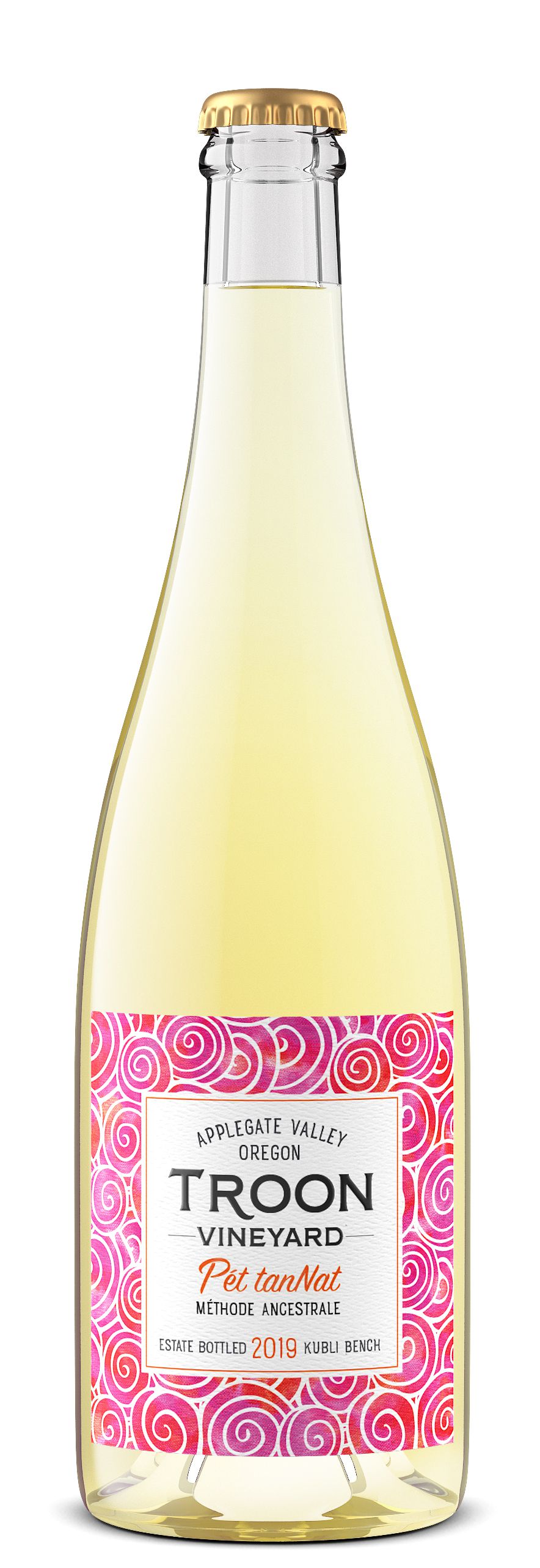 A bottle of white-gold bubbles with a pink label