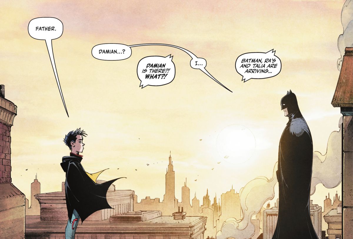 Batman (Bruce Wayne) and Robin (Damian Wayne) stand opposite each other on the rooftop.  Robin said, “Father.  “Damian…?  I…” said Batman, in Shadow War: Alpha #1 (2022). 