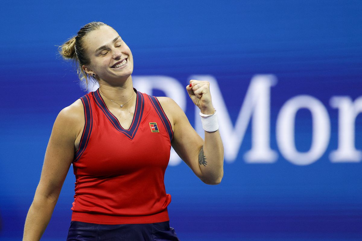 Aryna Sabalenka of Belarus celebrates match point against Barbora Krejcikova of Czech Republic during her Women’s Singles quarterfinals match on Day Nine of the 2021 US Open at the USTA Billie Jean King National Tennis Center on September 07, 2021 in the Flushing neighborhood of the Queens borough of New York City.
