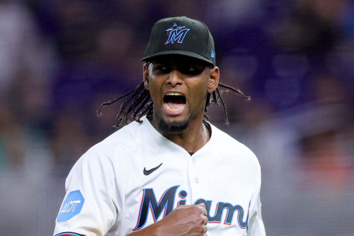 Edward Cabrera #27 of the Miami Marlins reacts during the sixth inning against the San Francisco Giants at loanDepot park on April 18, 2023 in Miami, Florida.
