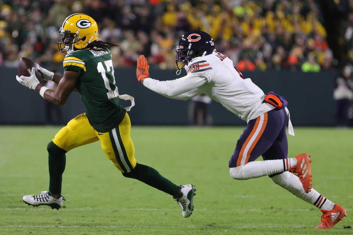 Bears safety Eddie Jackson chases Packers receiver Davante Adams last week.
