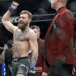 Conor McGregor raises his fist to the fans as they cheer