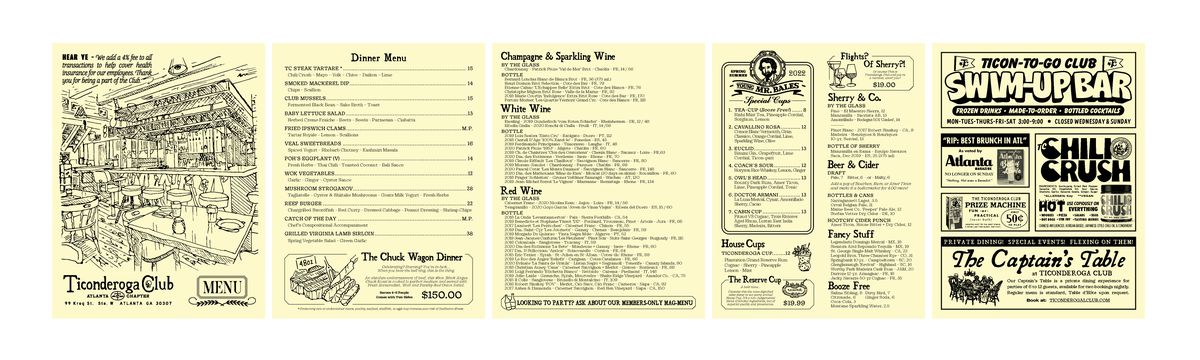 The yellow pages of the menu of the Ticonderoga Club, stylishly cramped with menu items and illustrations of food, and inspired by the menus of old taverns in New England.