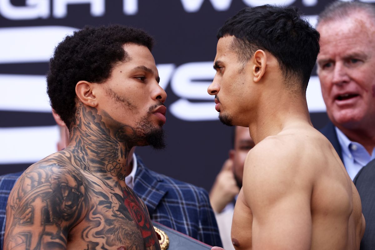 Gervonta Davis and Rolando Romero face-off during their official weigh-in at Barclays Center on May 27, 2022 in Brooklyn, New York.