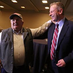 Arthur Douglas, chairman of the Box Elder County Democtratic Party, talks with 4th Congressional District candidate Doug Owens at the Utah Democratic Party's election night gathering at the Sheraton in Salt Lake City on Tuesday, Nov. 8, 2016.
