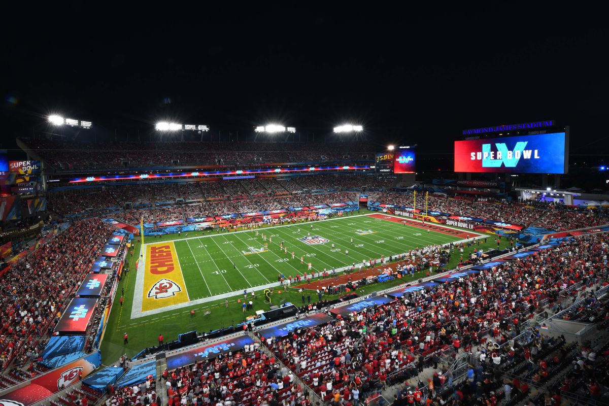 General view as the Kansas City Chiefs and Tampa Bay Buccaneers prepare for the opening kick during Super Bowl LV at Raymond James Stadium.
