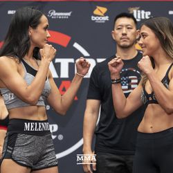 Keri Anne Melendez and Tiani Valle square off at Bellator 201 weigh-ins.