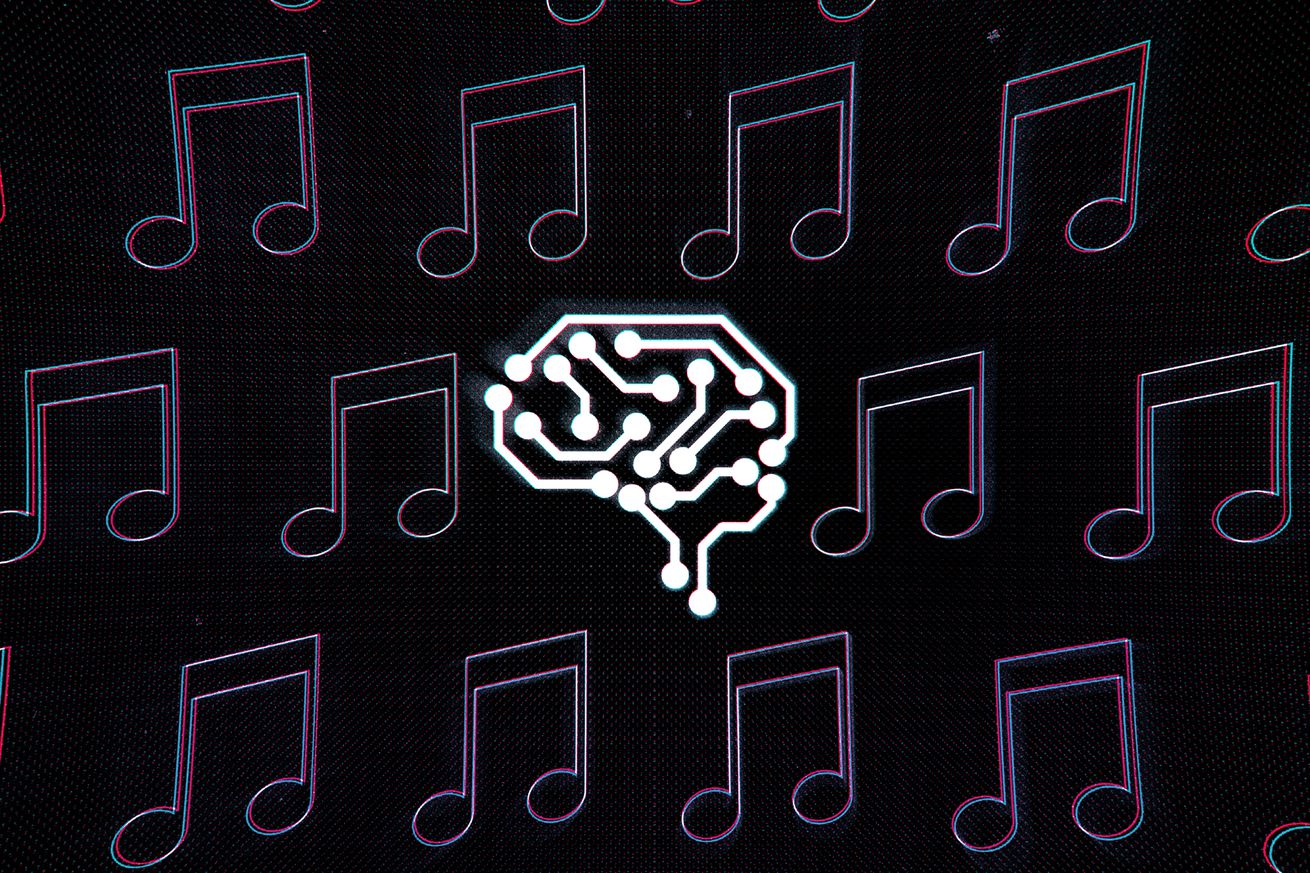 A brain with wires over a field of music notes