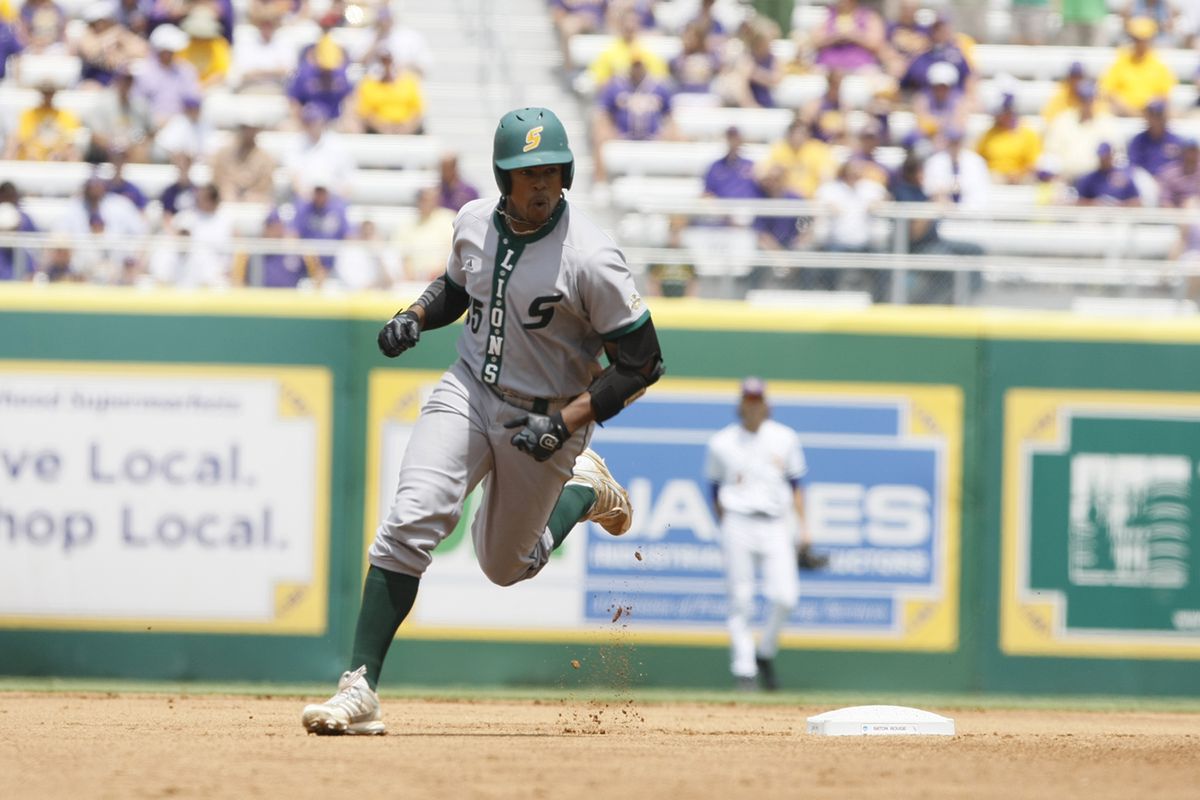 Andrew Godbold after his solo home run in the first inning of Southeastern Louisiana's NCAA Regional game against LSU on May 30, 2014.