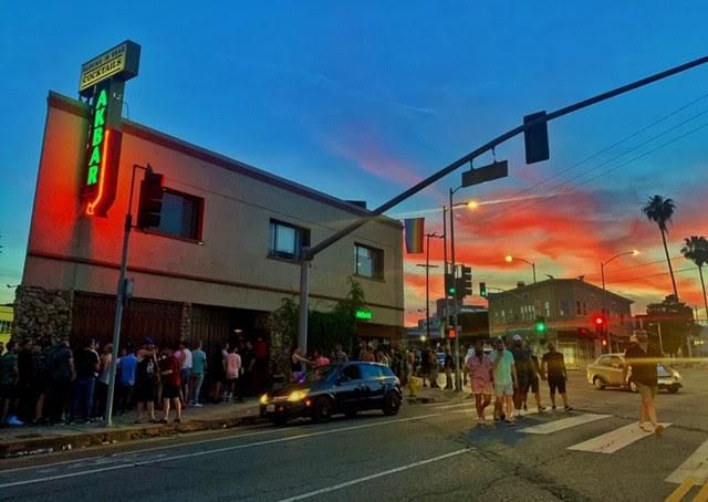 A sunset looms over Akbar bar in Silver Lake, California.
