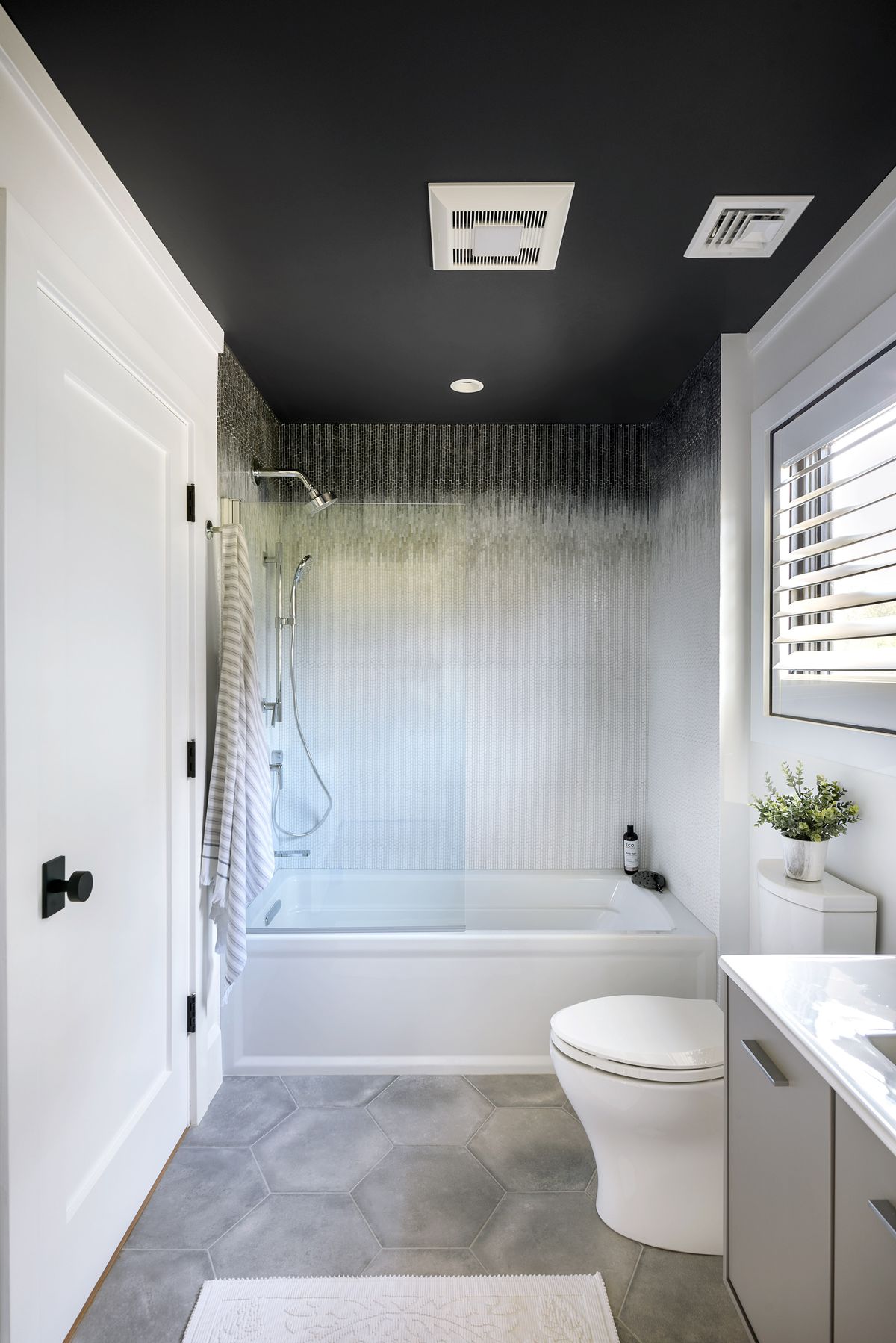 A bathroom with white walls and a black accent ceiling. 
