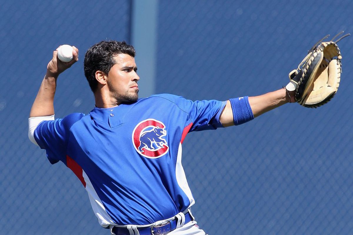 Robinson Chirinos of the Cubs strikes a dramatic pose before a spring training game against the Padres at Peoria Stadium on March 11, 2010 in Peoria, Arizona. The Cubs defeated the Padres 8-7. (Photo by Christian Petersen/Getty Images) 