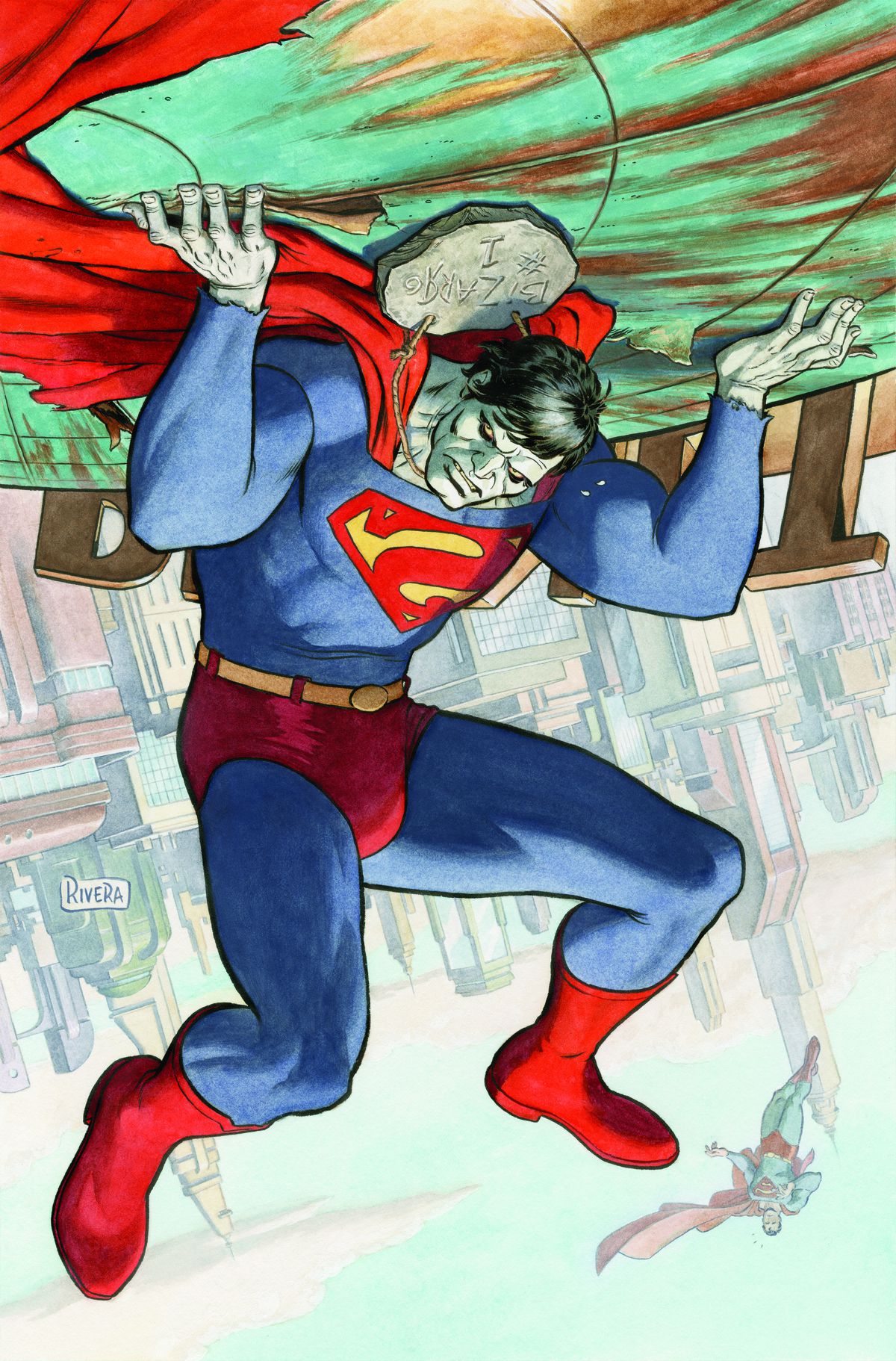 Bizarro appears to be holds the Daily Planet globe on his shoulders like Atlas while hovering in mid air. From the background, however, we can tell that he’s actually upside down and not holding anything “up” at all, on a cover for Action Comics #1061.