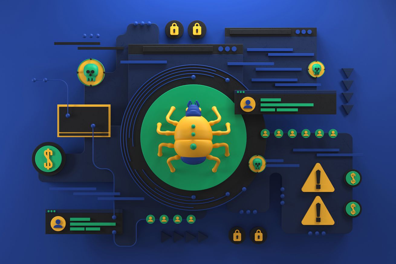 A collection of warning signs, bugs, and notifications emulating malware or a cyber attack. The images are placed in a connected web against a blue background.