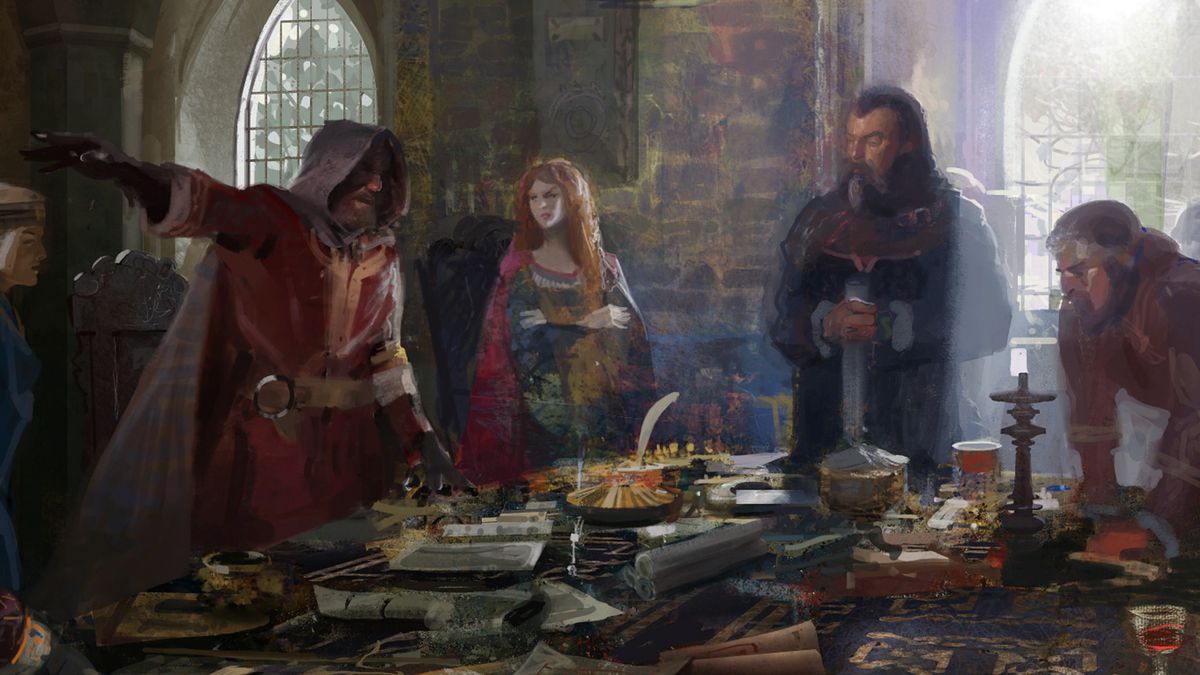A king and his councilors contemplate war in a piece of key art from Crusader Kings 3.