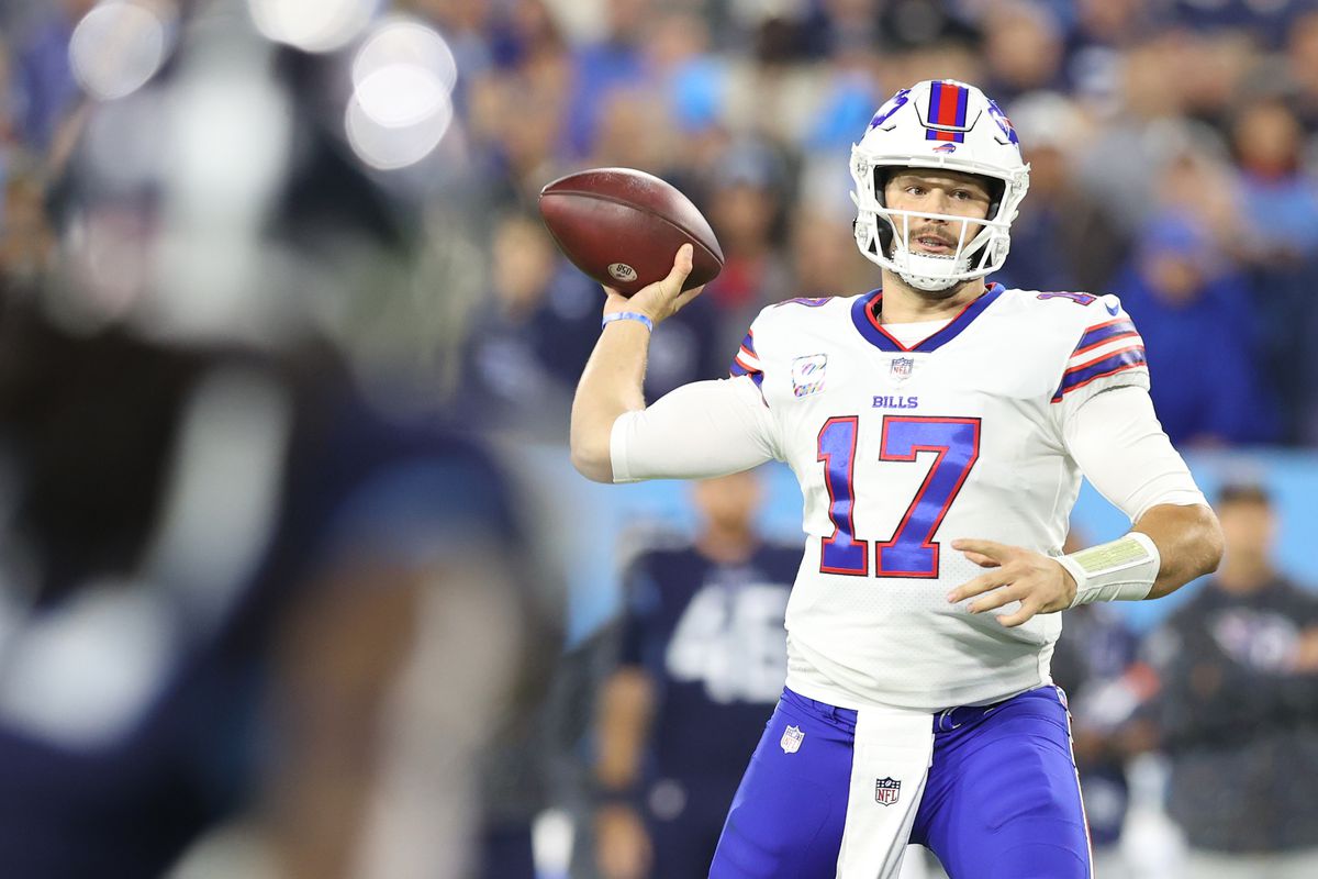 Quarterback Josh Allen #17 of the Buffalo Bills looks to pass against the Tennessee Titans at Nissan Stadium during the first quarter on October 18, 2021 in Nashville, Tennessee.
