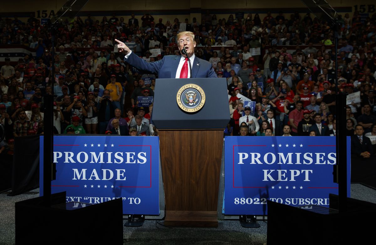 President Donald Trump speaks at the North Side Gymnasium in Elkhart, Ind., Thursday, May 10, 2018, during a campaign rally. | AP Photo/Carolyn Kaster