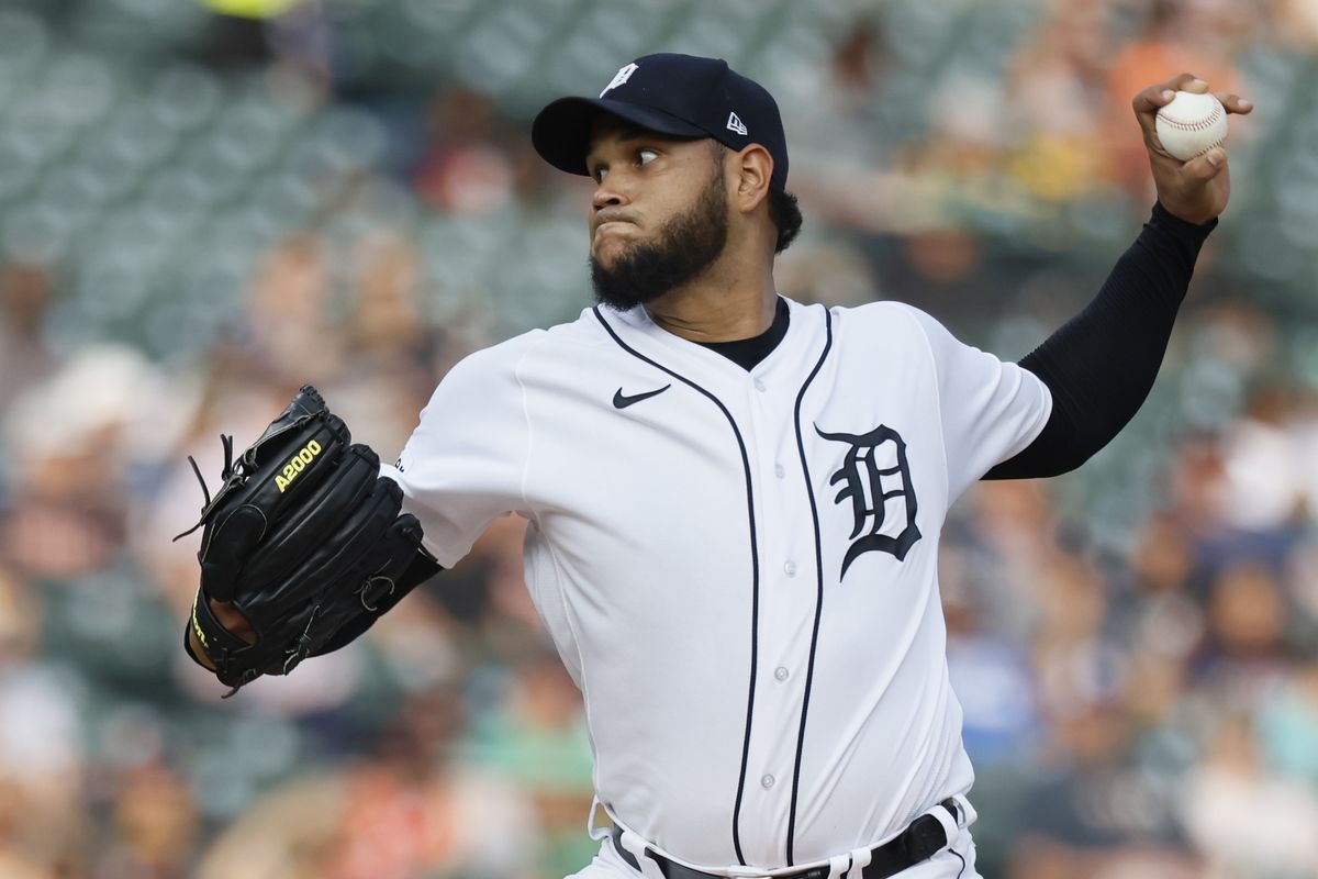 Eduardo Rodriguez of the Detroit Tigers pitches against the Los Angeles Angels during the first inning at Comerica Park on July 25, 2023 in Detroit, Michigan.