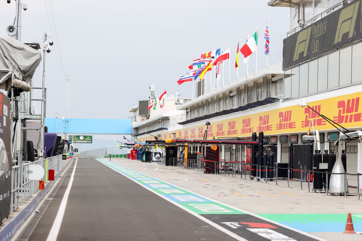 A general view of the pitlane during qualifying ahead of the F1 Grand Prix of Hungary at Hungaroring on July 30, 2022 in Budapest, Hungary.