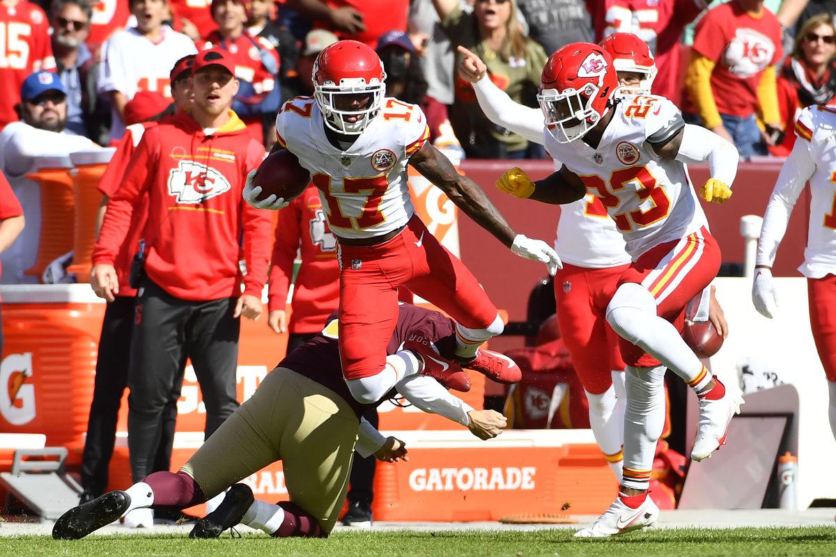 Washington Football Team punter Tress Way (5) tackles Kansas City Chiefs wide receiver Mecole Hardman (17) during the first half at FedExField.