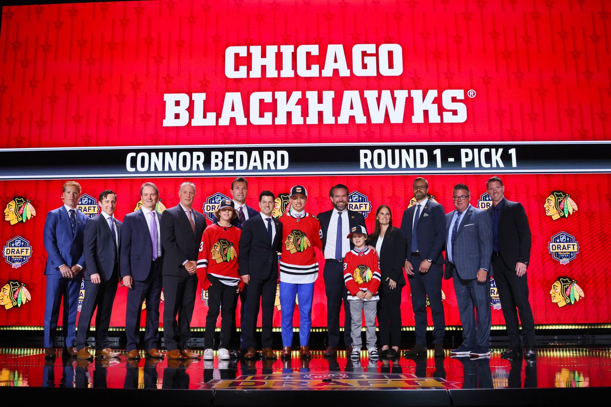 Connor Bedard is selected by the Chicago Blackhawks with the first overall pick during round one of the 2023 Upper Deck NHL Draft at Bridgestone Arena on June 28, 2023 in Nashville, Tennessee.