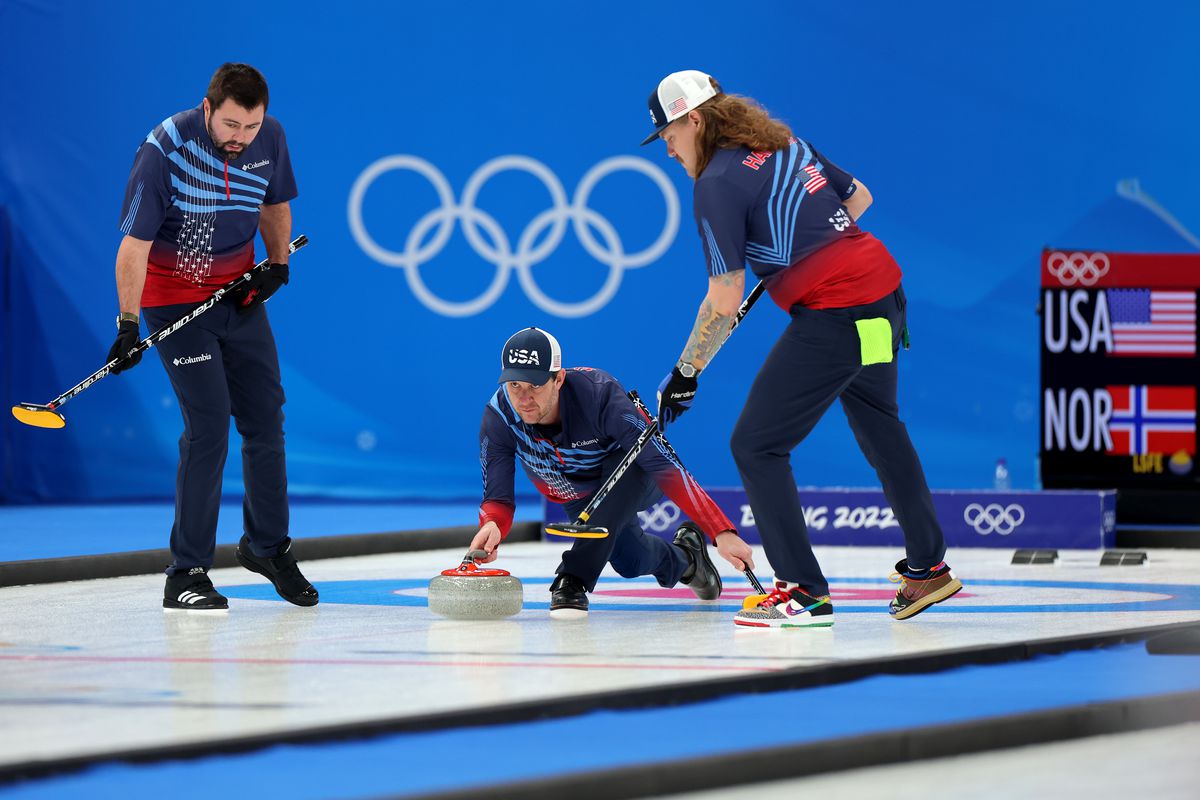 John Landsteiner, John Shuster and Matt Hamilton of Team United States compete against Team Norway during the Men’s Round Robin Curling Session on Day 8 of the Beijing 2022 Winter Olympic Games at National Aquatics Centre on February 12, 2022 in Beijing, China.