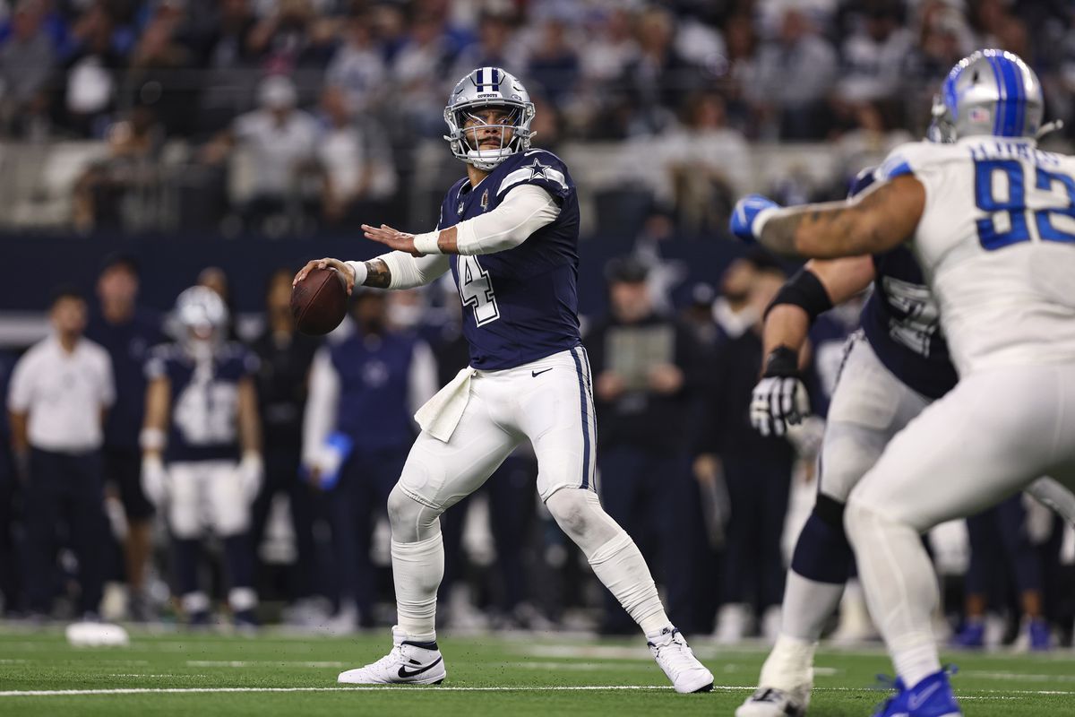 Dak Prescott of the Dallas Cowboys throws the ball during an NFL football game against the Detroit Lions at AT&amp;T Stadium on December 30, 2023 in Arlington, Texas.
