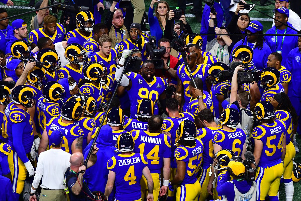 DL Michael Brockers hypes up the Los Angeles Rams prior to Super Bowl LIII against the New England Patriots, Feb. 3, 2019.