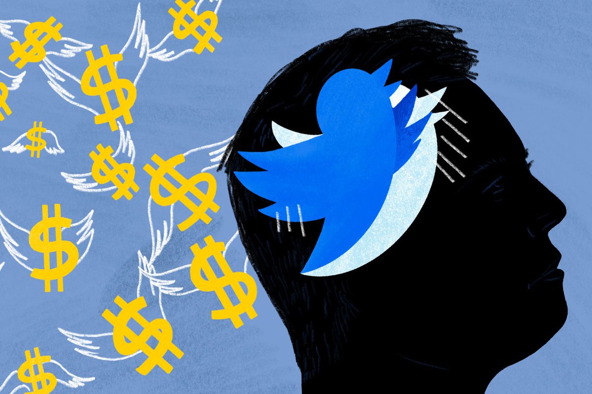 Illustration of Elon Musk’s silhouetted head with a Twitter bird log inside it. Outside the silhouette are dollar signs with wings.
