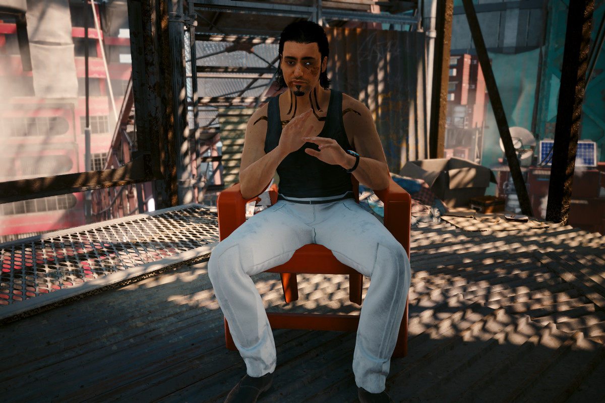Cyberpunk 2077 Phantom Liberty Hasan sitting in a lawn chair explaining what happened