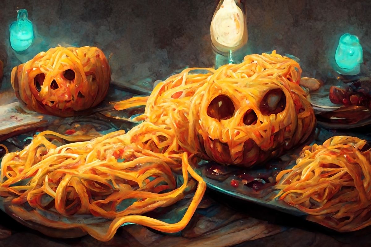 Illustration of spaghetti noodles shaped into jack-o-lanterns.