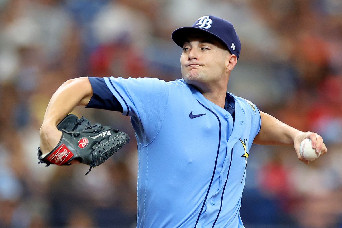Shane McClanahan of the Tampa Bay Rays pitches during a game against the Texas Rangers at Tropicana Field on June 11, 2023 in St Petersburg, Florida.