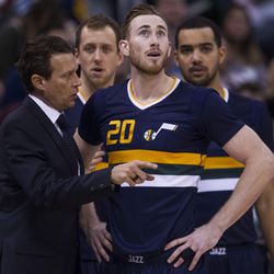 Utah head coach Quin Snyder speaks to forward Gordon Hayward (20) during an NBA basketball game in Salt Lake City on Friday, Dec. 23, 2016. Toronto took down Utah with a final score of 104-98.