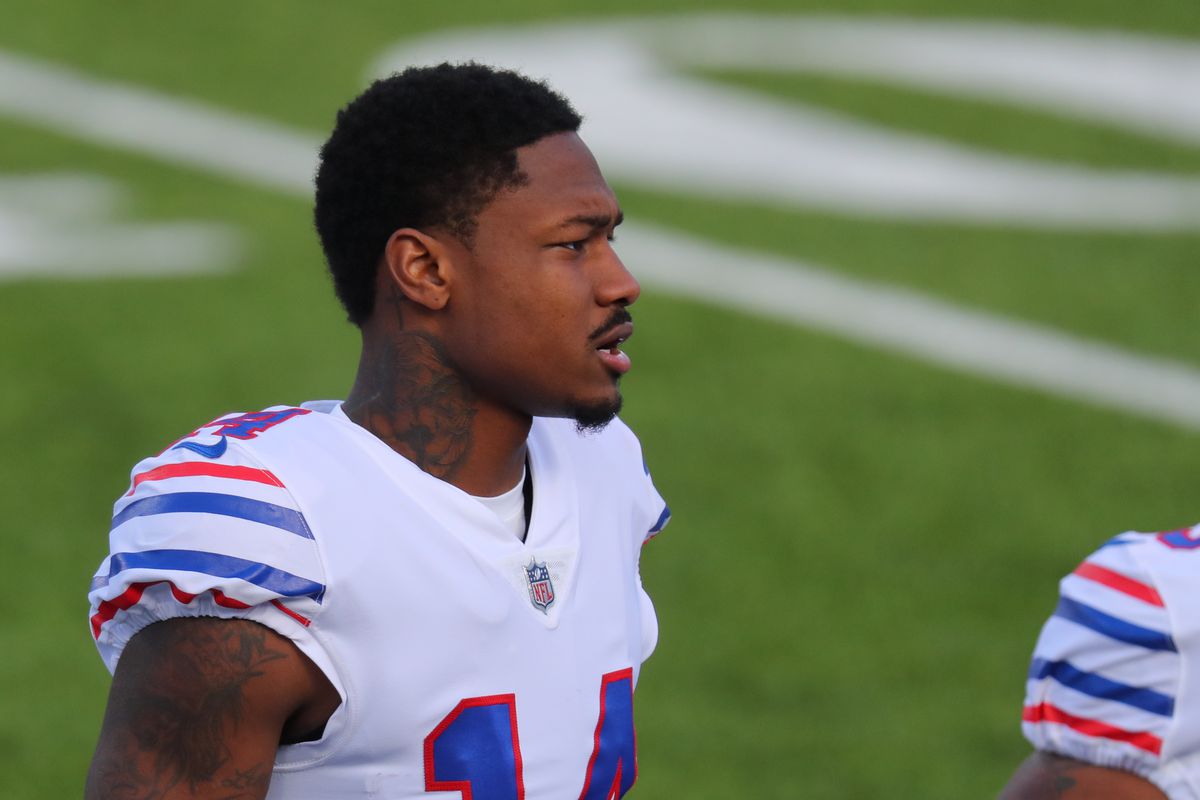 Stefon Diggs #14 of the Buffalo Bills on the sideline against the Los Angeles Chargers at Bills Stadium on November 29, 2020 in Orchard Park, New York.
