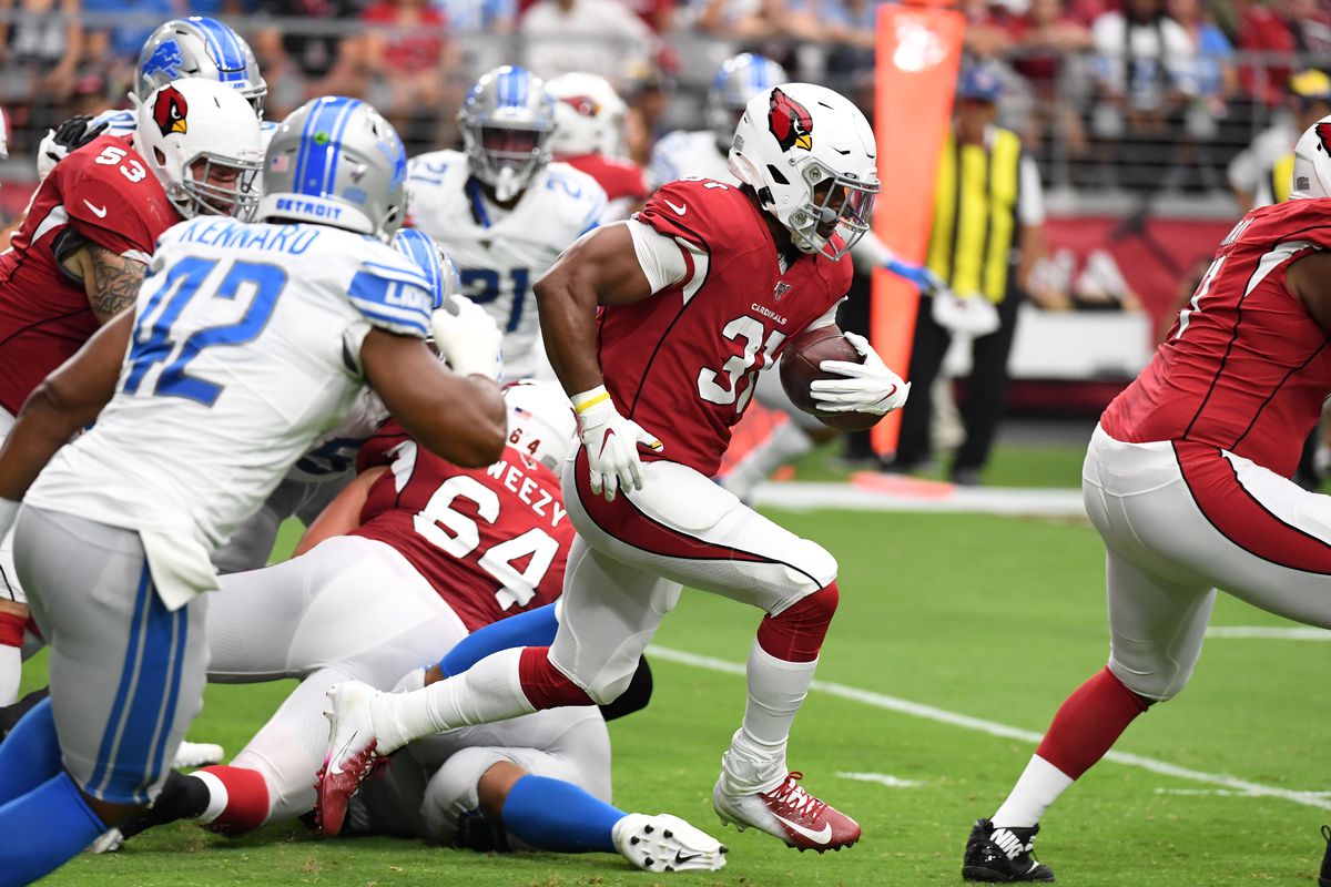 David Johnson of the Arizona Cardinals runs with the ball against the Detroit Lions at State Farm Stadium on September 08, 2019 in Glendale, Arizona.
