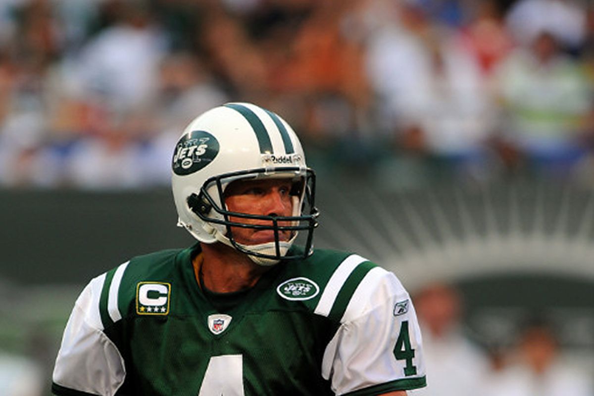 New York Jets quarterback Brett Favre #4 looks downfield whe