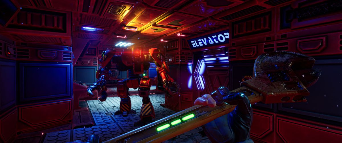The player wields a large wrench as they approach a robot in the System Shock remake