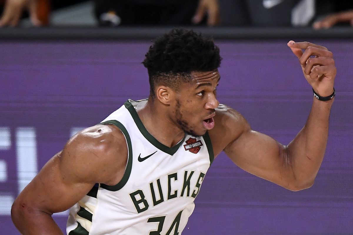Giannis Antetokounmpo of the Milwaukee Bucks reacts during the second quarter against the Miami Heat in Game Four of the Eastern Conference Second Round during the 2020 NBA Playoffs at AdventHealth Arena at the ESPN Wide World Of Sports Complex on September 06, 2020 in Lake Buena Vista, Florida.&nbsp;